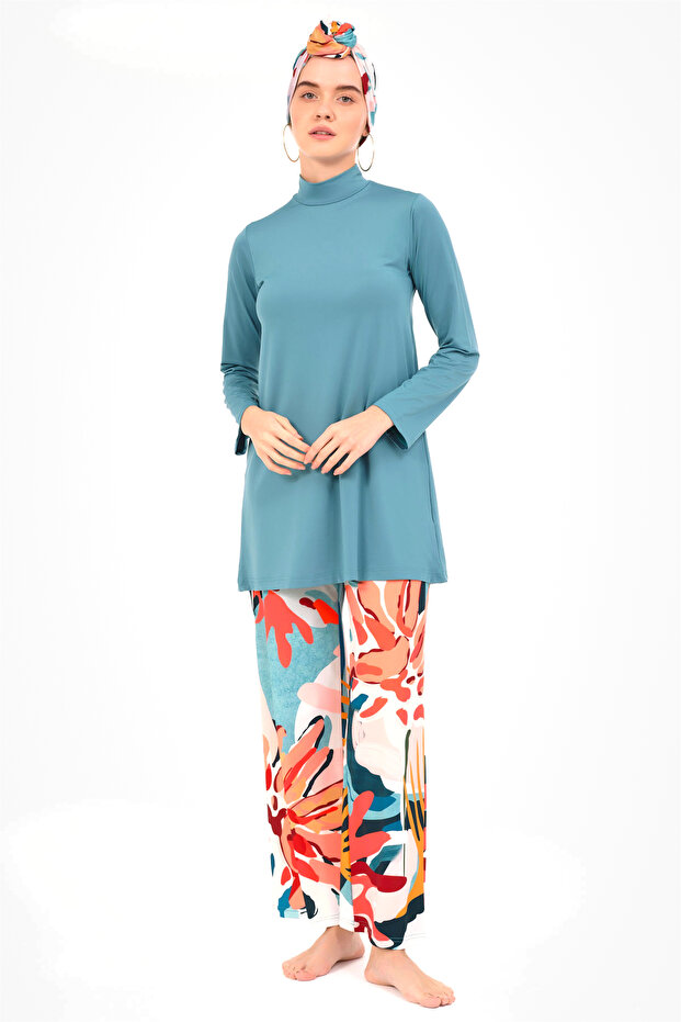 Manolo Patterned Full Covered Hijab Swimsuit 24610-25 Pers Green