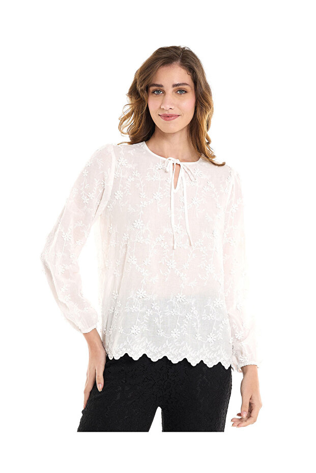 Embroidered Top with Tie-Up Neck and Long Sleeves