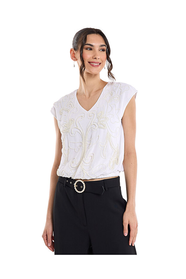 Embroidered Top with V-Neck and Cap Sleeves