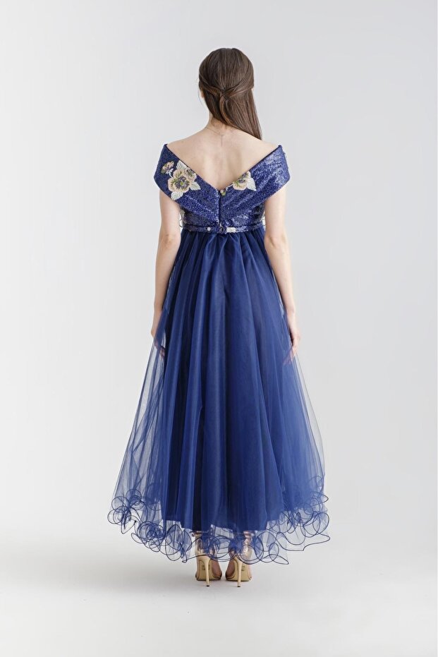 Lacivert Tül Üzeri Payet İşlemeli Abiye Hamile Elbise - 3