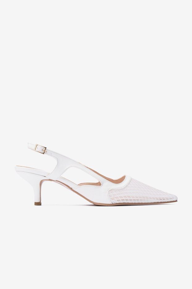 White Skin Mesh Detailed Pointed Toe Women's Heeled Shoes
