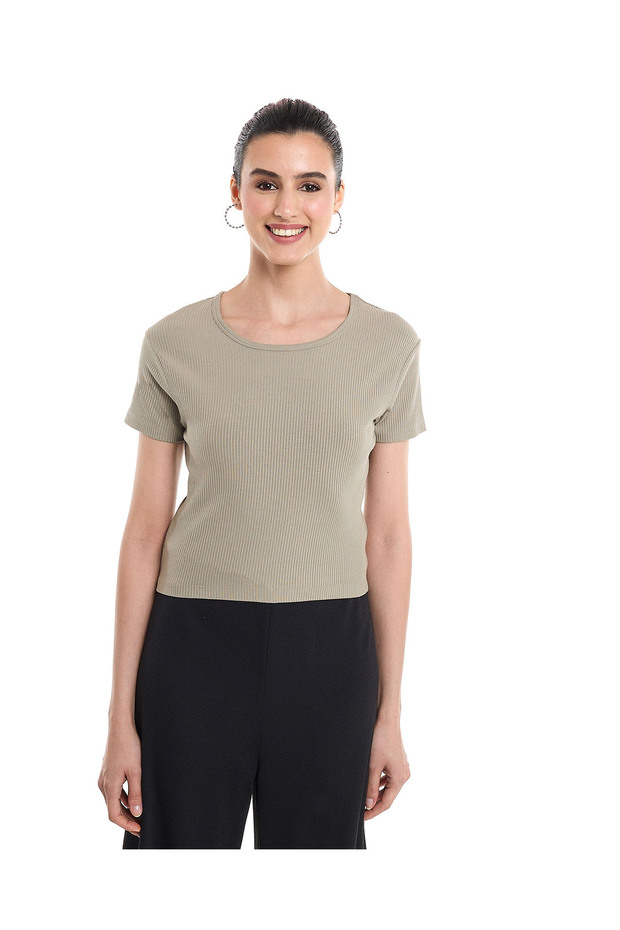 Ribbed Top with Crew Neck and Short Sleeves
