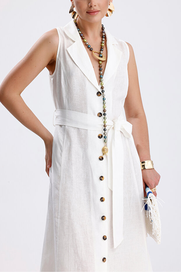 Leona 100% Linen Front Button Belted Long Dress