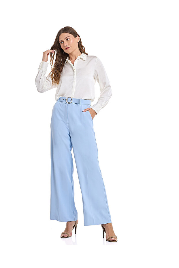 Belted Wide Leg Trousers with Button Closure