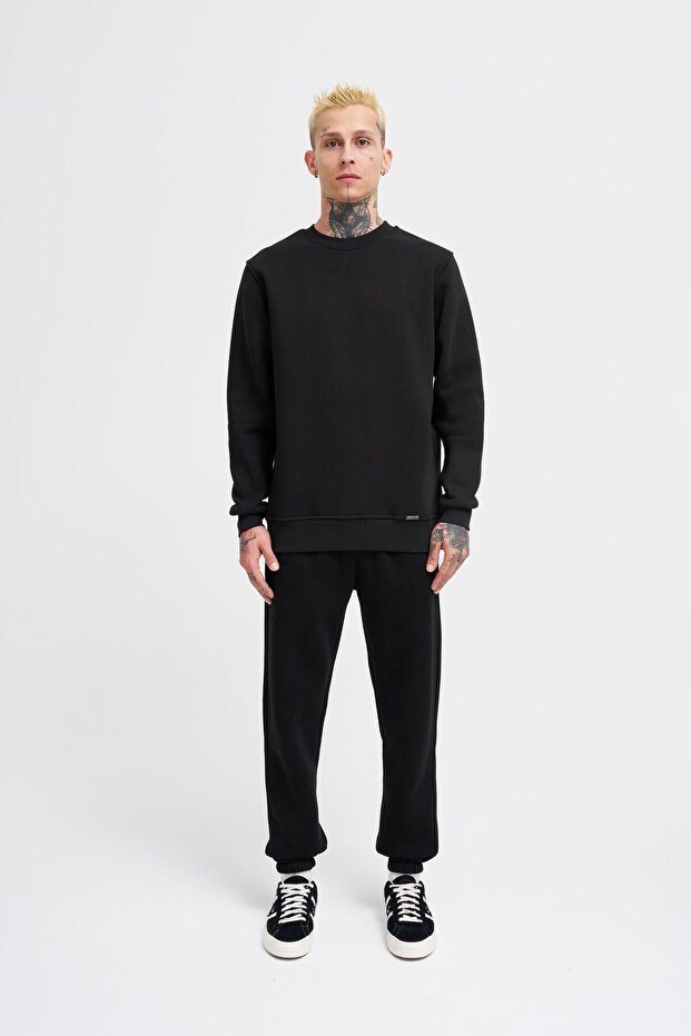 Regular Bisiklet Yaka Basic Sweatshirt SİYAH - 4