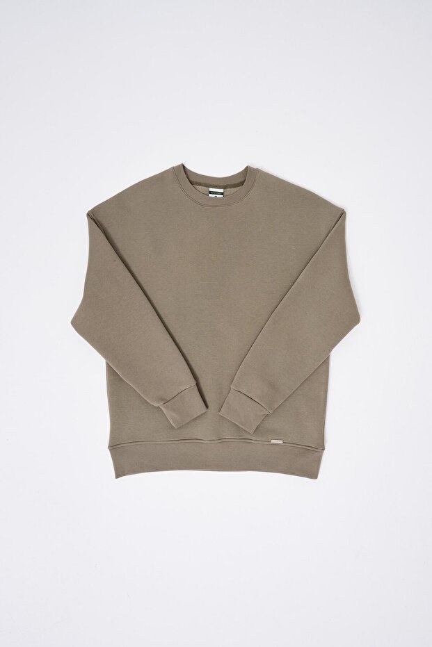 Erkek Oversize Basic Sweatshirt Khakı - 7