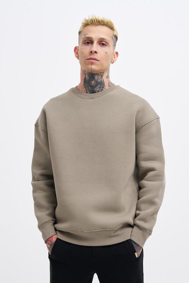 Erkek Oversize Basic Sweatshirt Khakı - 3