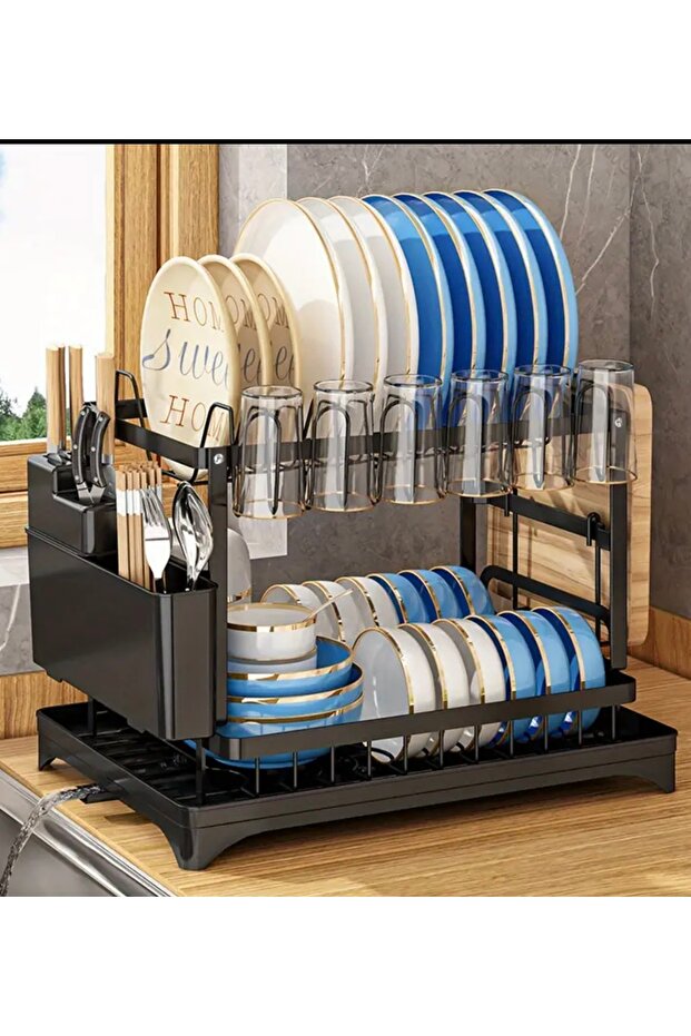 حامل أطباق من مستويين مع تجفيف مدمج وتصميم حديث - 1