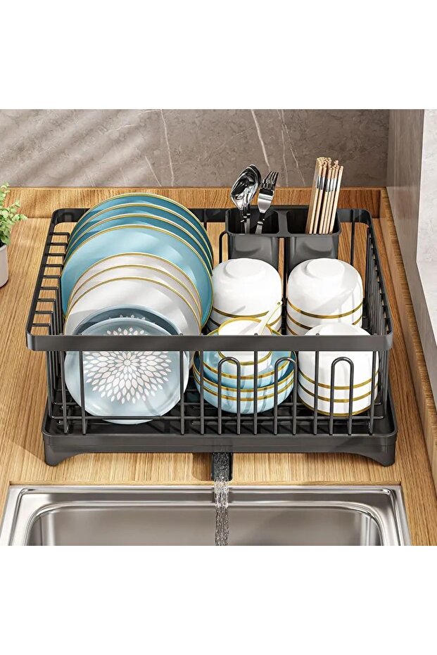 حامل أطباق من مستويين مع تجفيف مدمج وتصميم حديث - 7