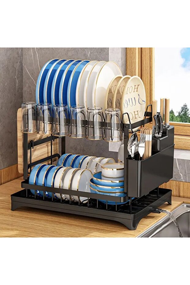 حامل أطباق من مستويين مع تجفيف مدمج وتصميم حديث - 8