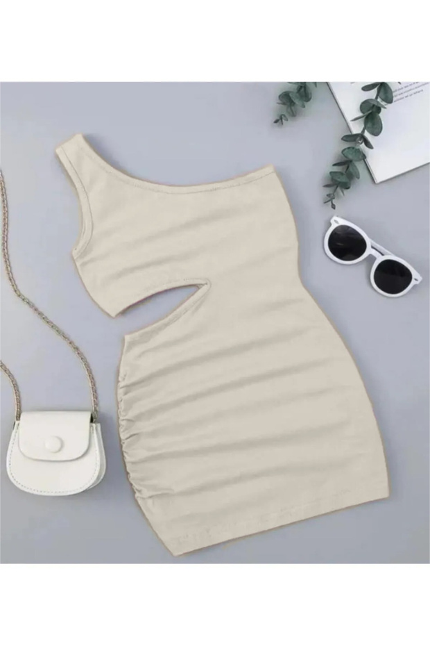 Girl's One Shoulder Low-Cut Detail Mini Strap Dress