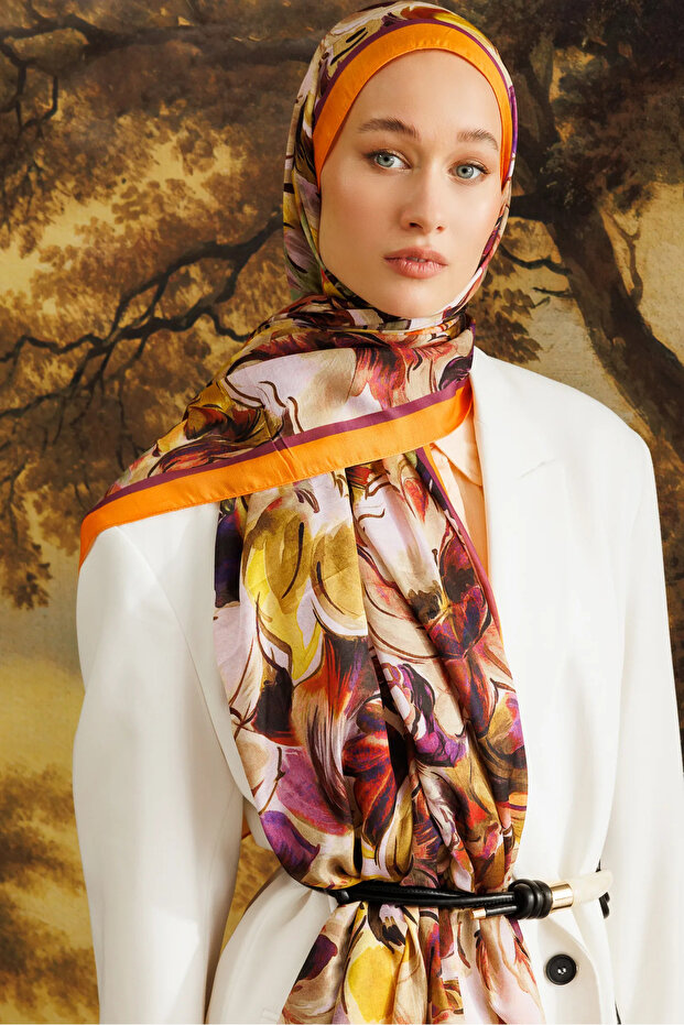 Orange Rossel Pattern Cotton Shawl - 2