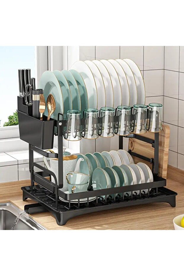 حامل أطباق من مستويين مع تجفيف مدمج وتصميم حديث - 3