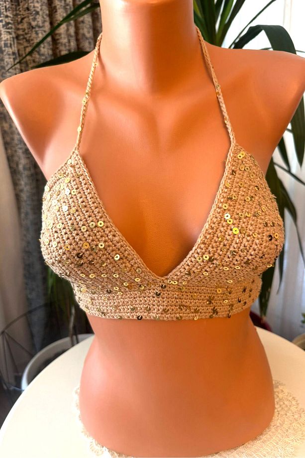 organik el örgüsü sim detaylı özel tasarım bikini üstü - 4