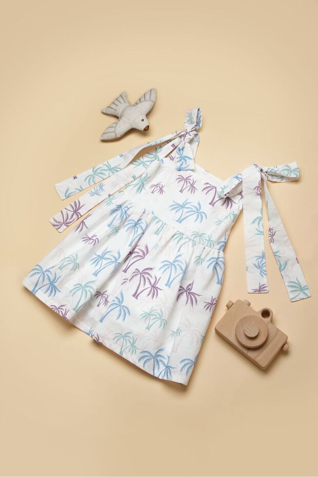 Palm Tree Patterned Girl's Summer Dress, Holiday Dress