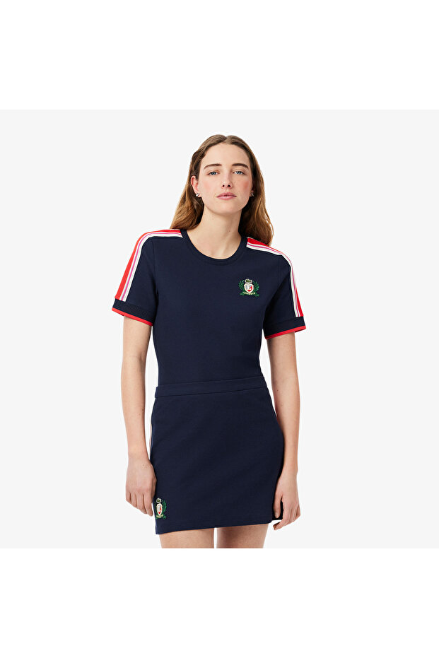 Kadın Slim Fit Bisiklet Yaka Renk Bloklu Lacivert T-shirt - 1