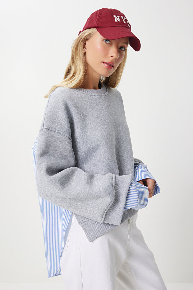 Oversize Shirted Sweatshirt Gray Blue Ldp0013
