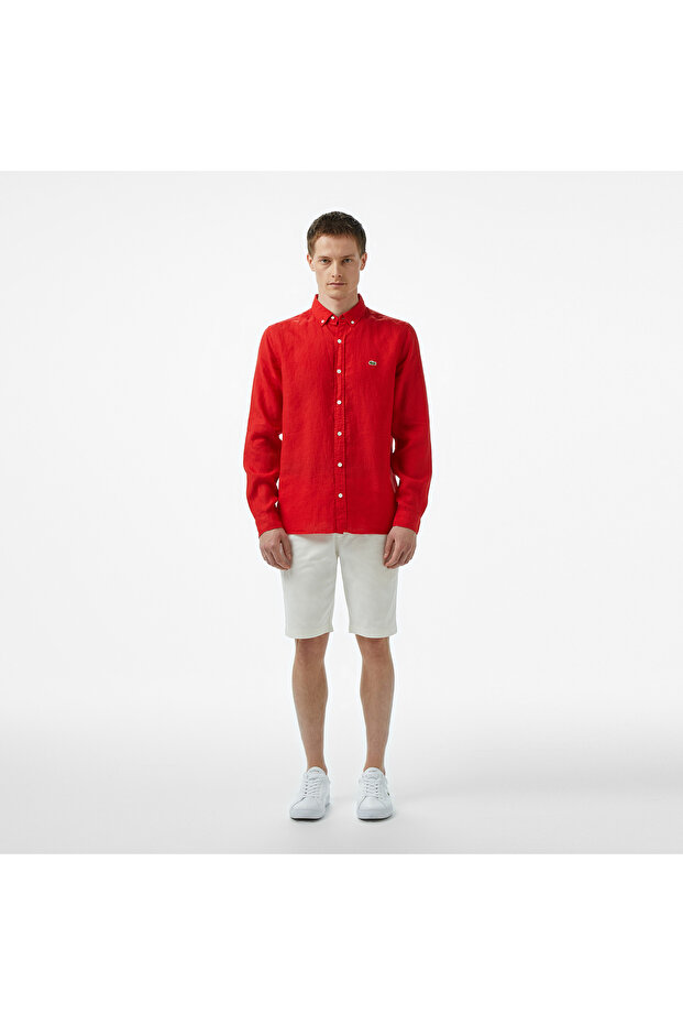 Erkek Regular Fit Düğmeli Yaka Keten Kırmızı Gömlek - 4