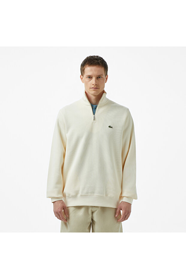 Erkek Classic Fit Yarım Fermuarlı Krem Sweatshirt - 1