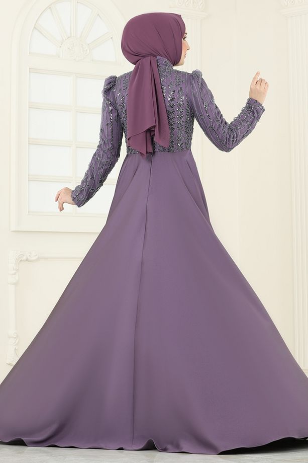 SUAL İşlemeli Pelerin Abiye 4909D170 Koyu Lila - 4