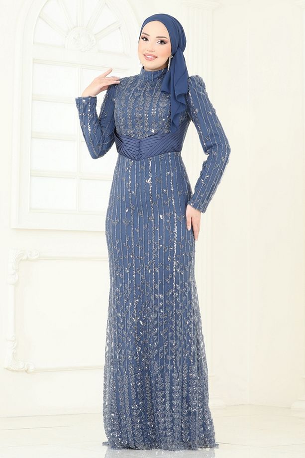 SUAL Drapeli İşlemeli Abiye 4929D170 İndigo - 5