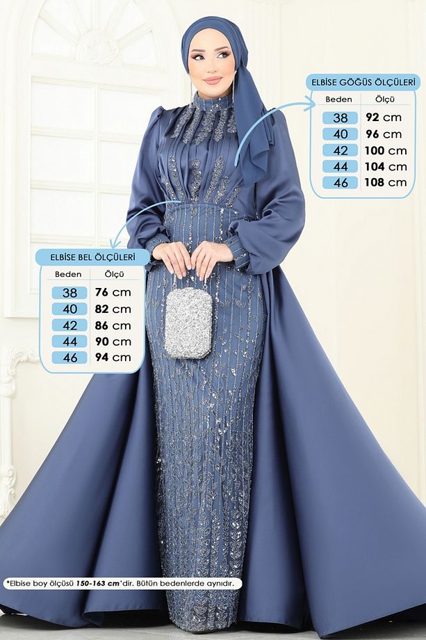 SUAL Drapeli Pelerin Abiye 4928D170 İndigo - 6