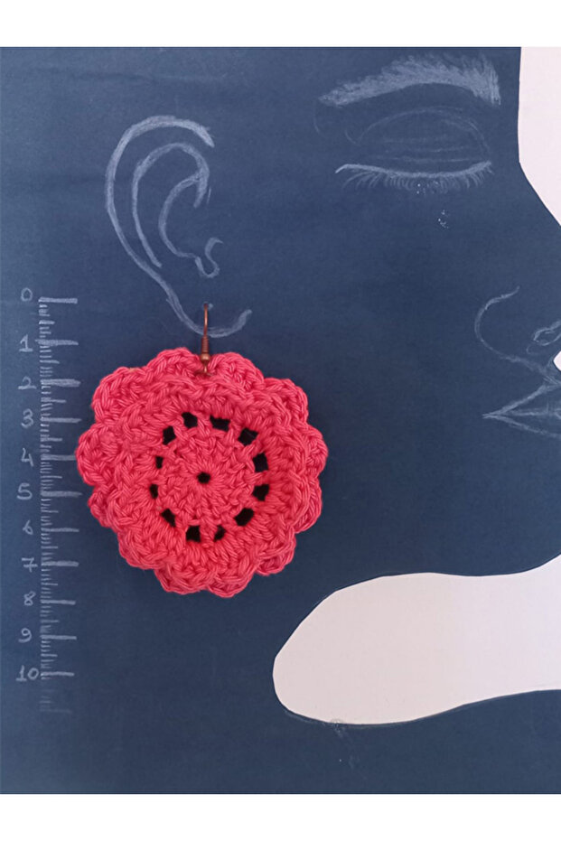 Crochet Örme Pembe Çiçek Küpe - 4