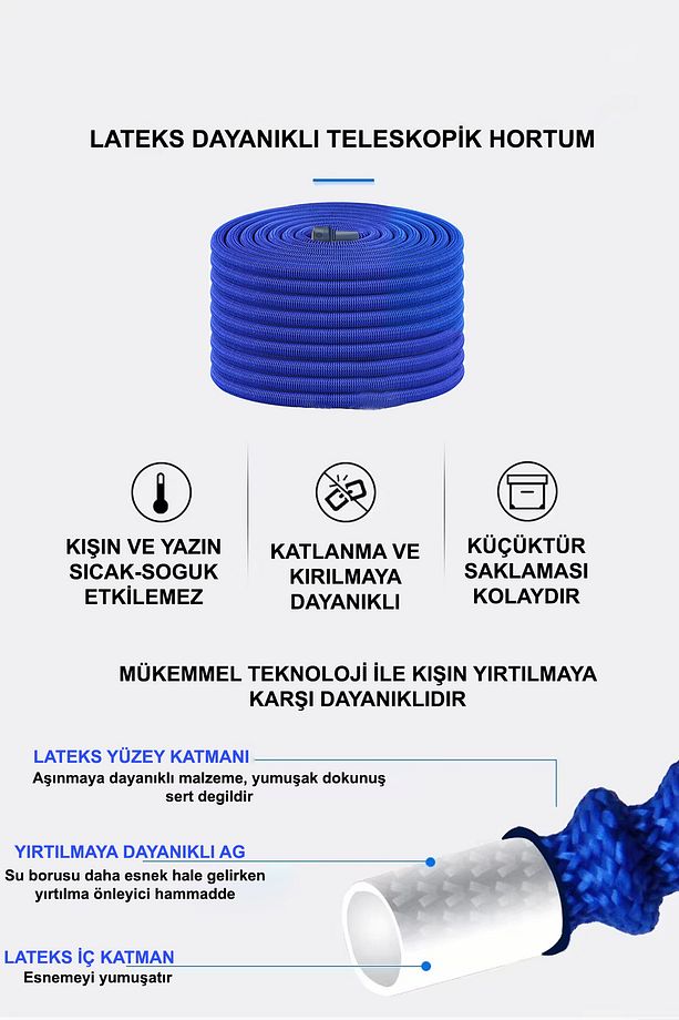 Yüksek Basınçlı Su Tabancası Uzayan 7.5 Metre Hortumlu Set Bahçe Ve Araba Yıkama Köpük Hazneli - 6