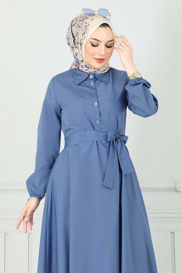 Yarım Düğmeli Terikoton Elbise 333MSA980 İndigo - 3