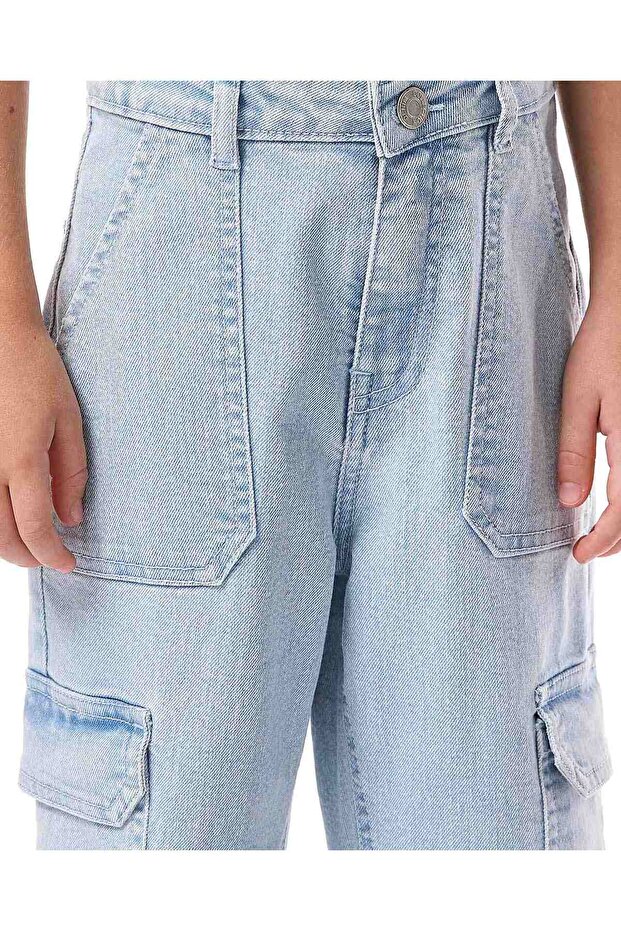 Washed Cargo Flared Jeans with Button Closure - 5