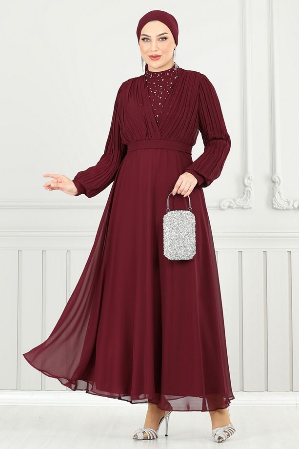 Taşlı Şifon Abiye 0404ALG474 Bordo - 5