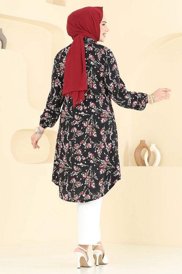 Çiçek Desen Viskon Tunik 0174BG354 Siyah - 4