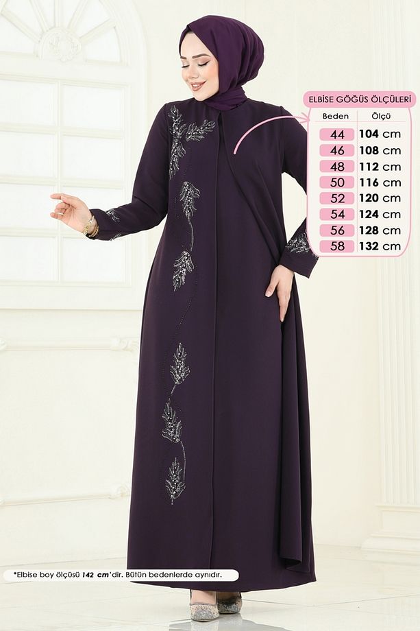 Taş Detay Abiye Elbise 2005OZT1013 Mürdüm - 6