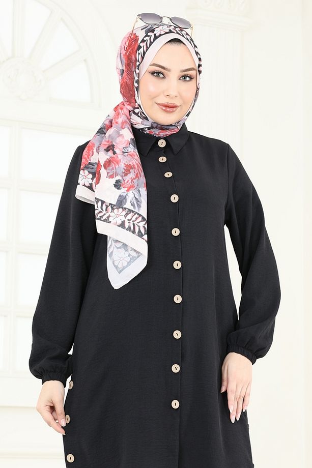 Yırtmaç Düğmeli Tesettür Tunik 008MR1078 Siyah - 3