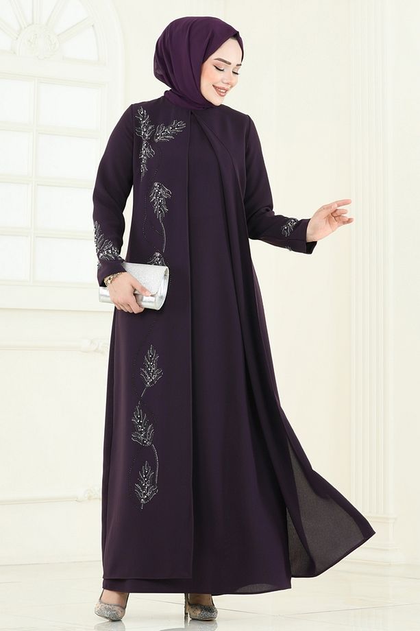 Taş Detay Abiye Elbise 2005OZT1013 Mürdüm - 1