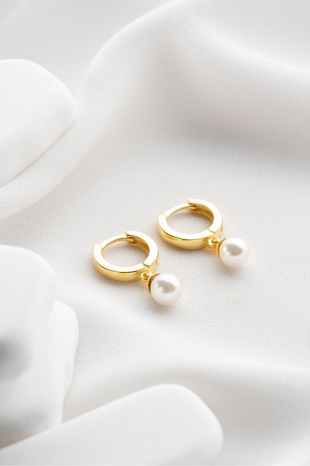 925 Ayar Gümüş Gold Kaplama İnci Sallantılı 10 mm Tamtur Küpe - 5