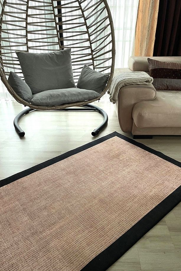 Dijital Baskı Yıkanabilir Kaymaz Taban Hasır Görünümlü Kahve Siyah Oturma Odası Salon Halısı - 4