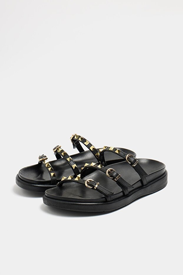 Black Women's Gold Staple Detailed Trend Slippers