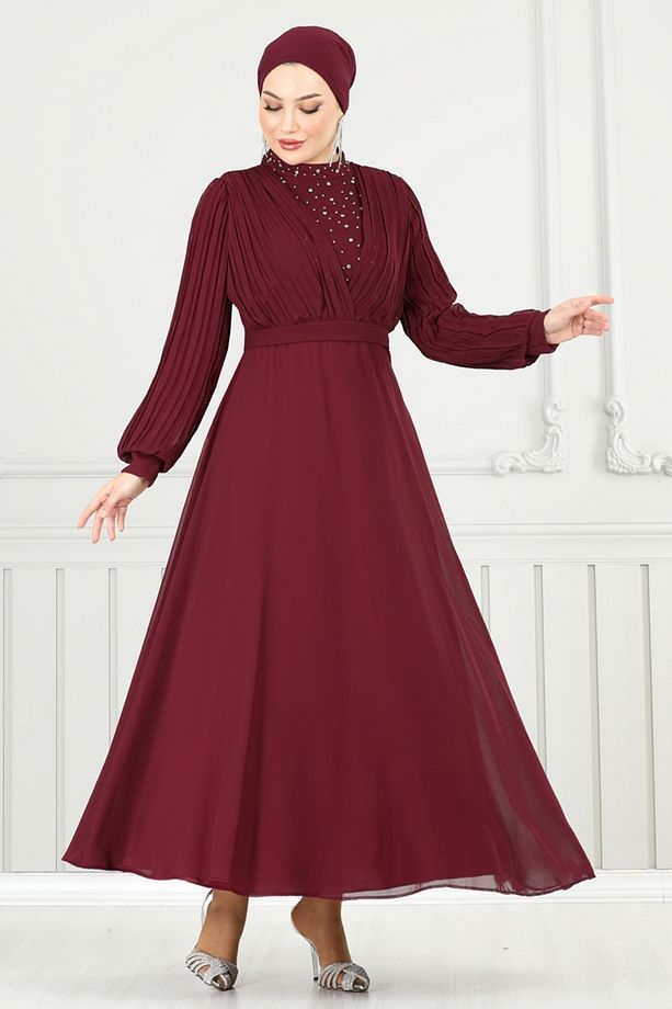 Taşlı Şifon Abiye 0404ALG474 Bordo - 2