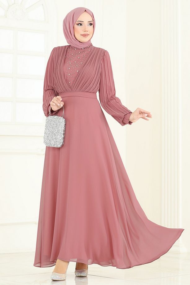 Taşlı Şifon Abiye 0404ALG474 Gül Kurusu - 5