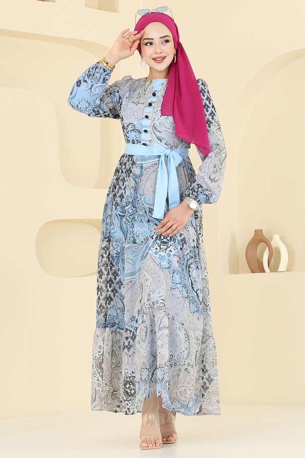 Etnik Desen Şifon Elbise 5297AL357 Bebe Mavisi - 3