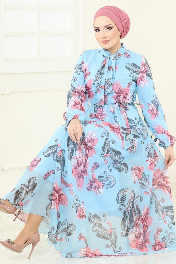 Fular Yakalı Şifon Elbise 5188AL357 Mavi - 5