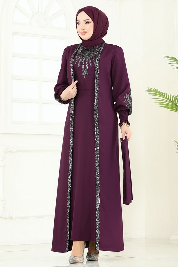 Yelekli Abiye Elbise Takım ASM2758 Mürdüm - 1