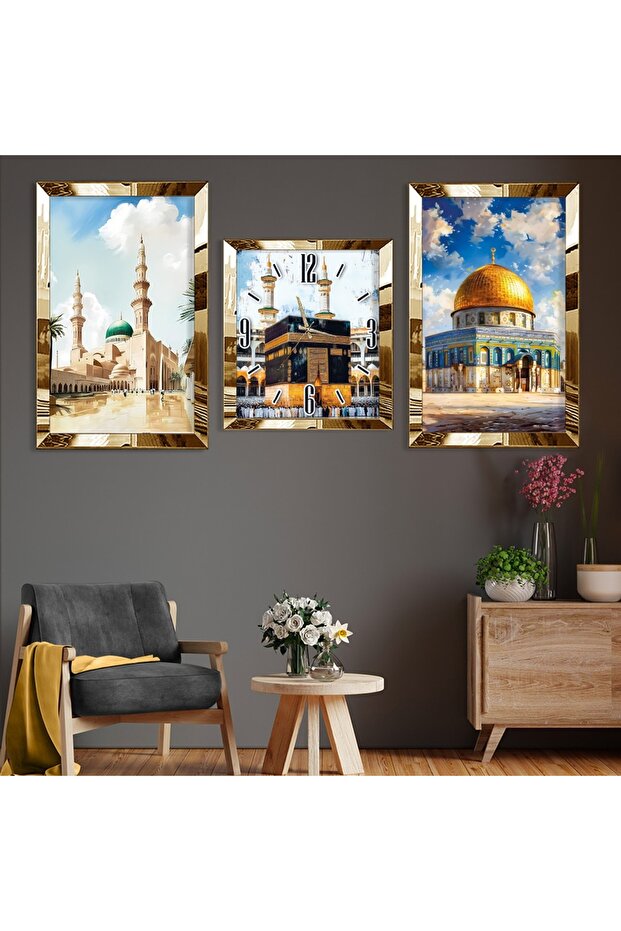 Kaaba Mosque Al-Aqsa and Nebiye Mirrored Plexi Framed Triple Mdf Painting and Clock Set