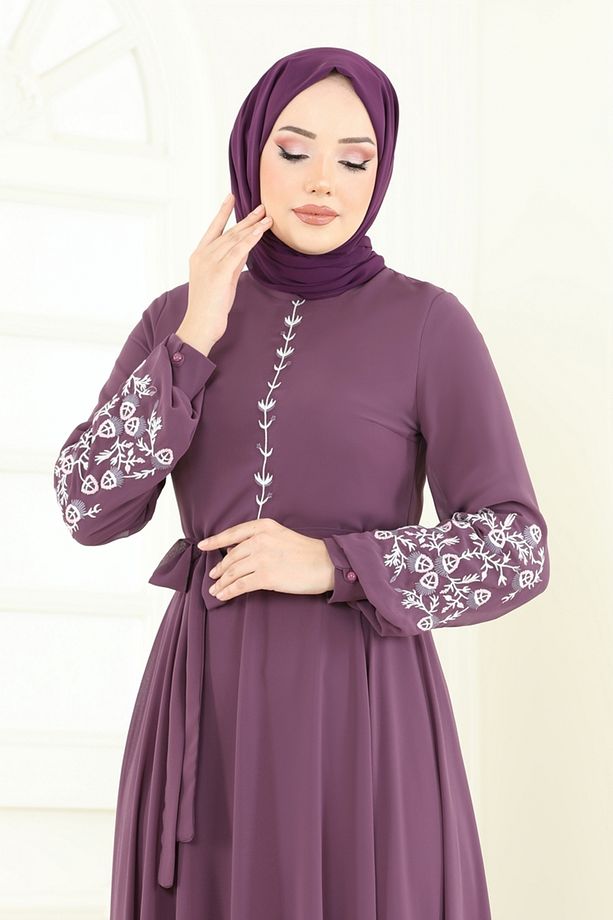 Nakış İşlemeli Şifon Elbise 8022AB368 Koyu Lila - 3