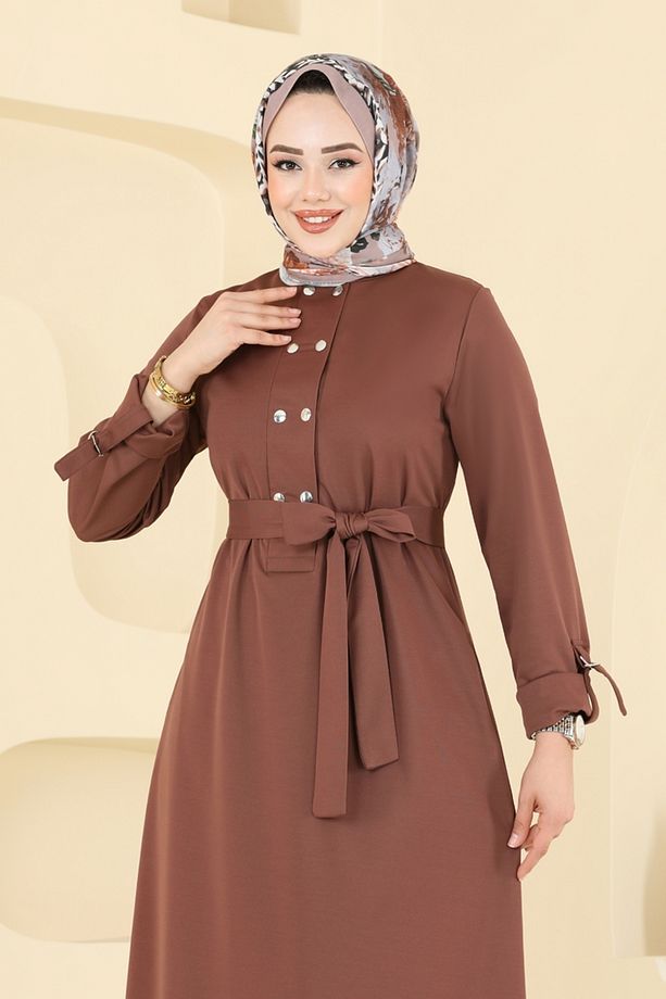 Önden Çıtçıtlı Tesettür Elbise 416DVL817 Açık Kahve - 3
