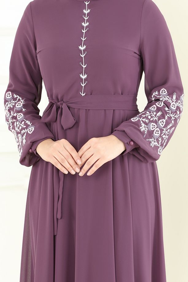 Nakış İşlemeli Şifon Elbise 8022AB368 Koyu Lila - 4