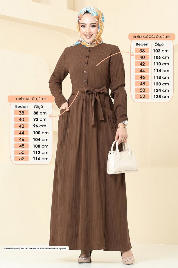 Yarım Düğmeli Kemerli Elbise 4040PM271 Kahve - 1
