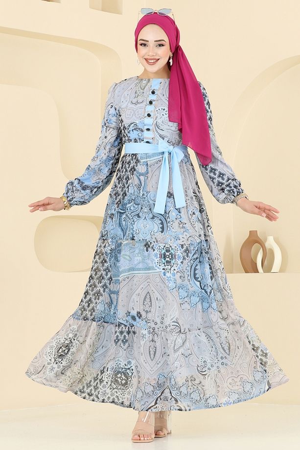 Etnik Desen Şifon Elbise 5297AL357 Bebe Mavisi - 2