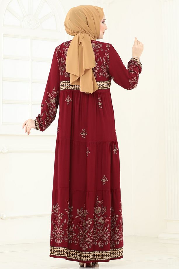 Yakası Bağcıklı Viskon Elbise 4083ZNN863 Bordo - 3